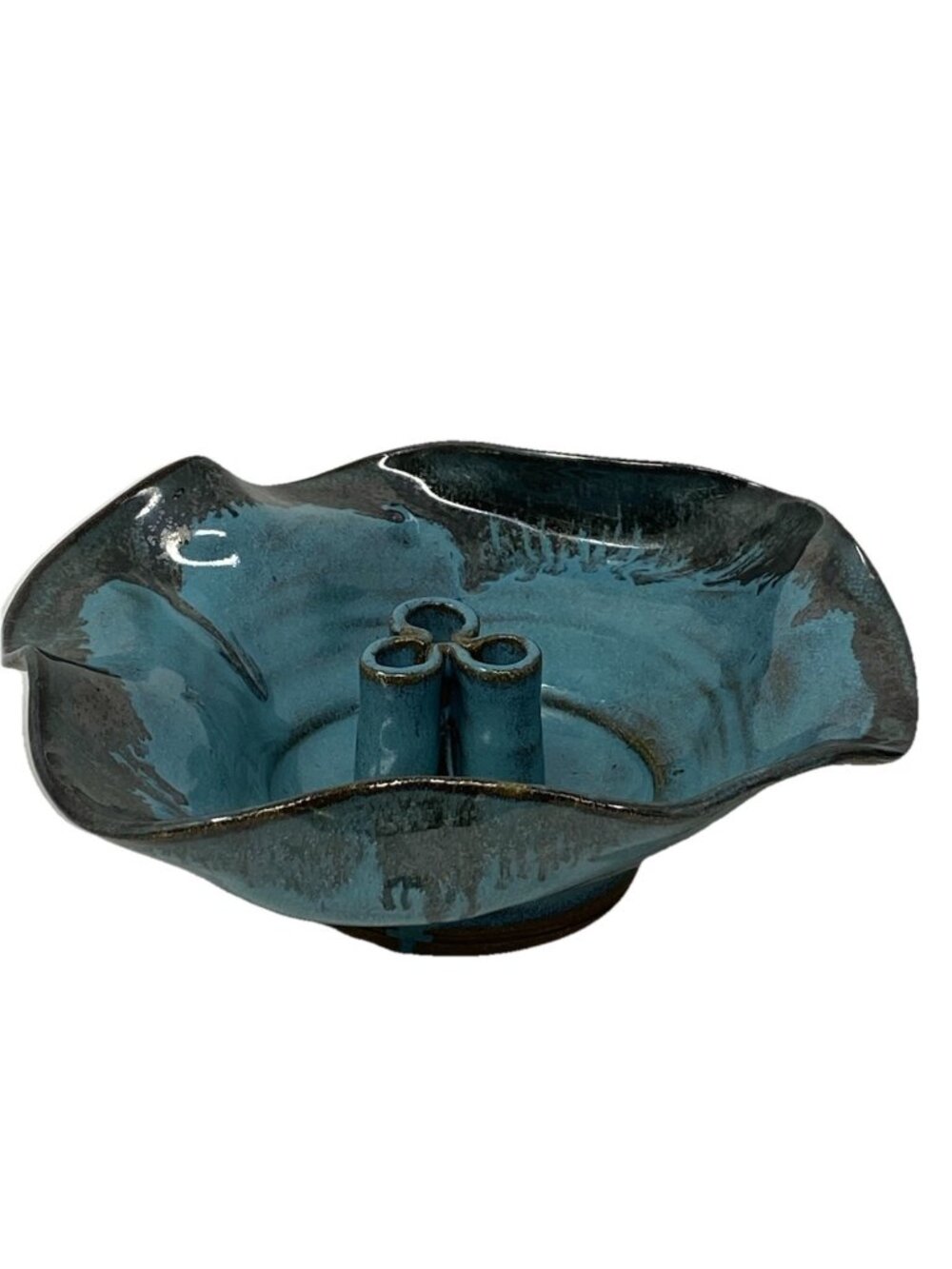 Studio Pottery Ikebana 3 Hole Stem Flower Frog Vase Bowl Blue Drip Glaze Signed